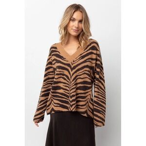 Rails Tleanor Chestnut Tiger Stripe Sweater V-Neck Wool‎ Cashmere Blend Size S